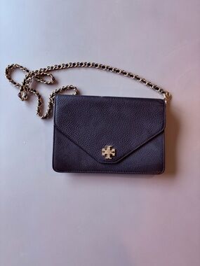 Tory Burch Black Pebbled Leather Chain Crossbody Wallet with Gold Logo